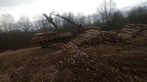 Сортиментовоз МАЗ, разгрузка леса.