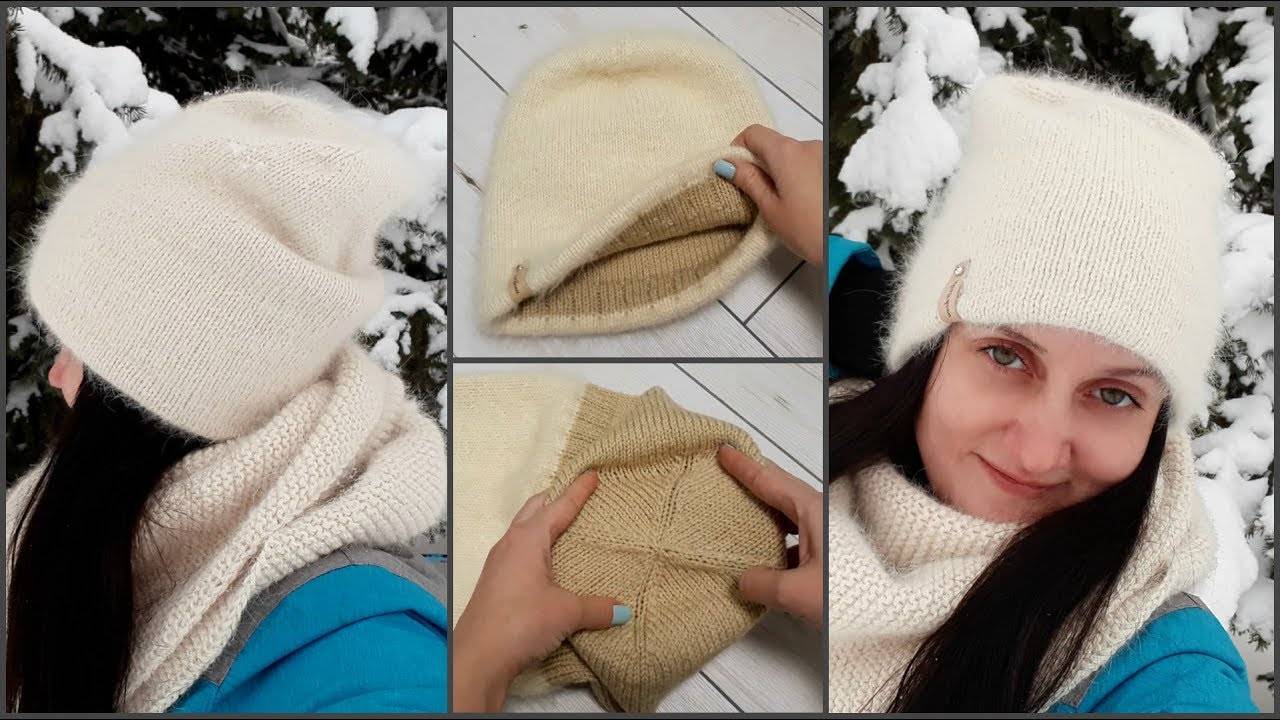 Пушистая шапка бини из ангоры с подкладом. Мастер-класс. Вязание спицами смотреть онлайн