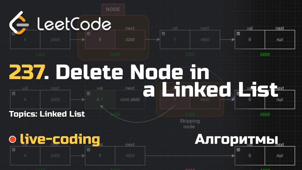 237. Delete Node in a Linked List. LeetCode live-coding смотреть онлайн