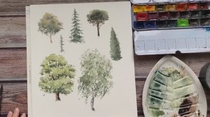 Делаем быстрые зарисовки деревьев акварелью / Уроки рисования