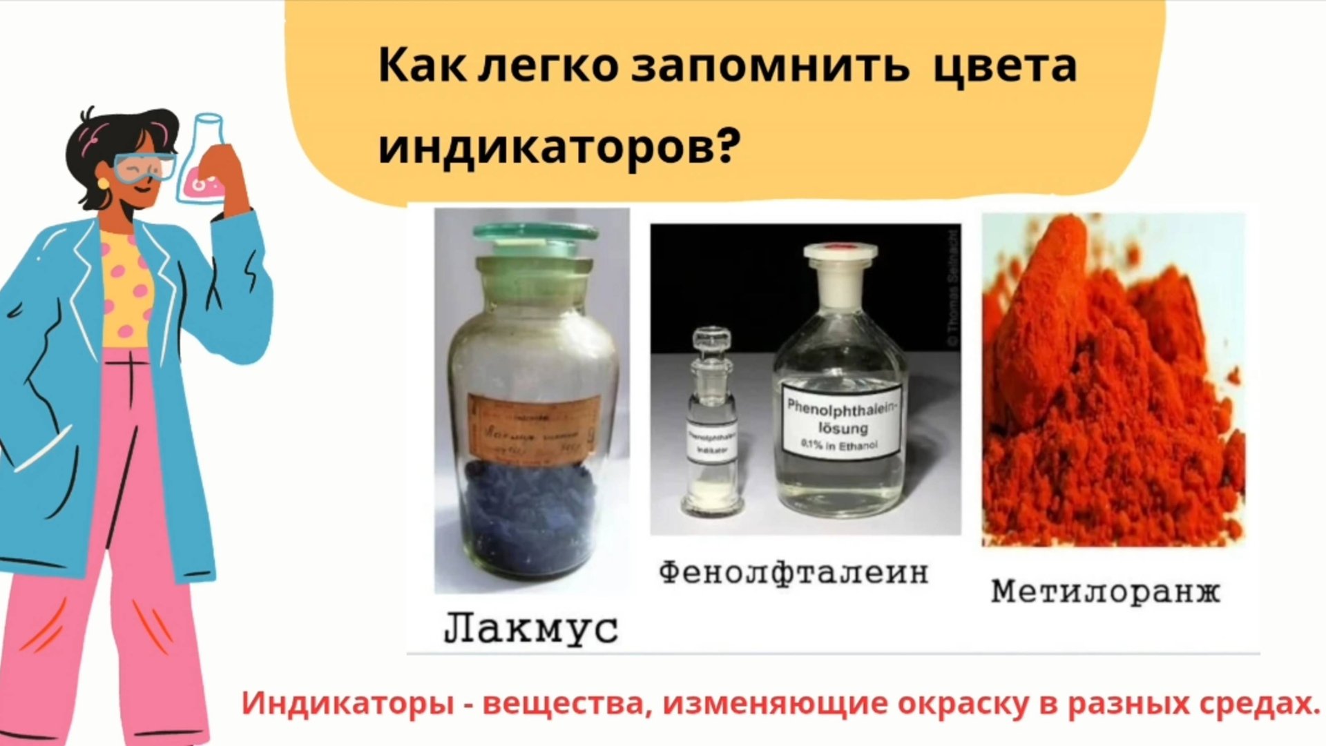 Изменение окраски индикаторов в различных средах.
Как легко и быстро за 2 мин запомнить 12 цветов? смотреть онлайн