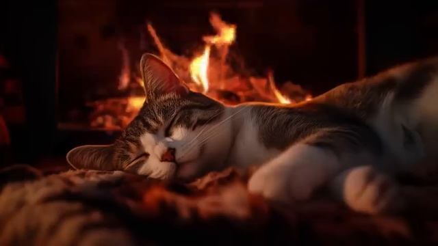 Камин и мурчание кошки. Звуки для сна смотреть онлайн