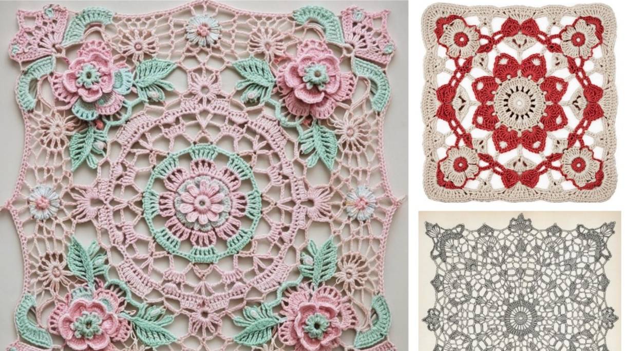 АЖУРНЫЙ УЗОР в вязаных квадратах от AI. Подборка №7. смотреть онлайн
