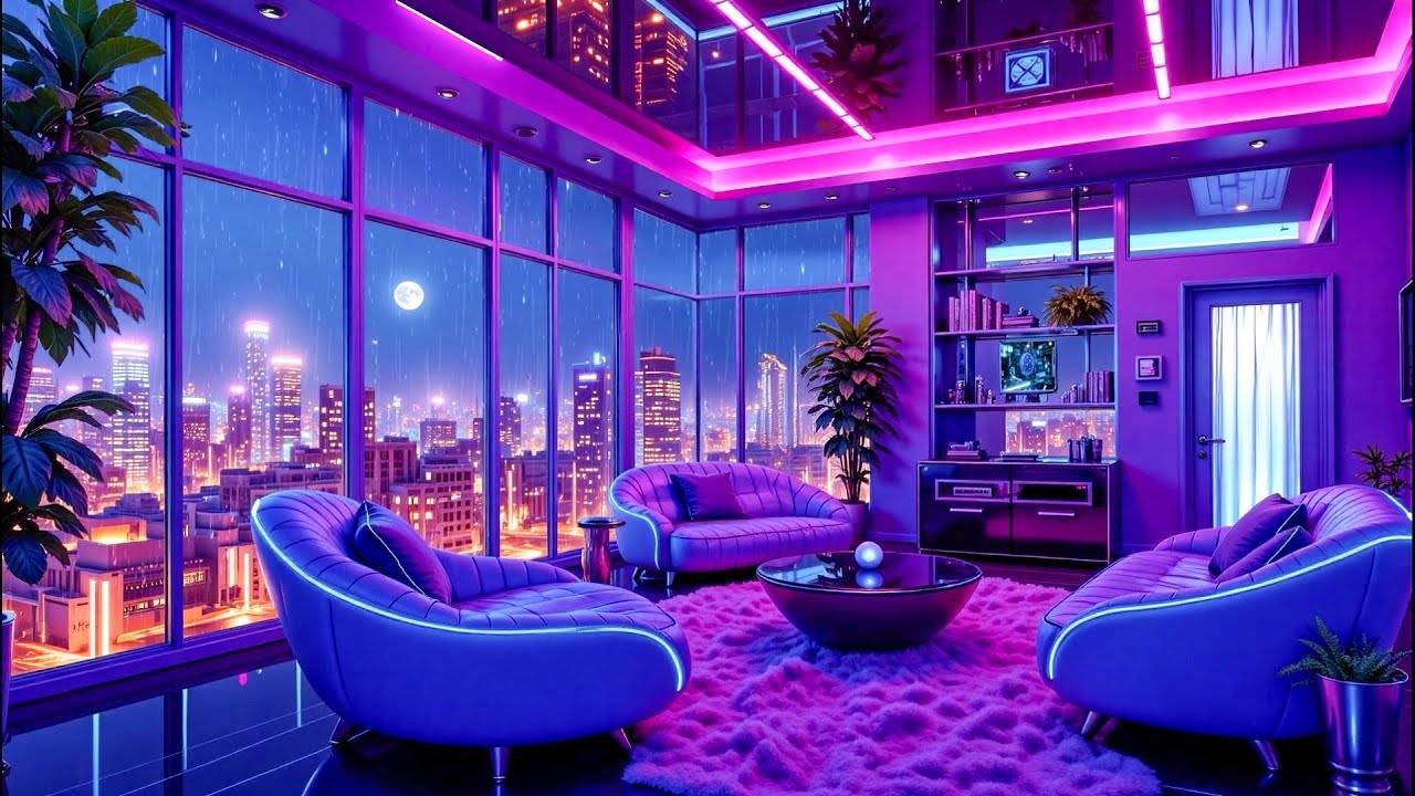 Relaxing Lofi Hip Hop Nights Purple Blue Neon City Apartment 🌧️ Lofi Rain Playlist смотреть онлайн