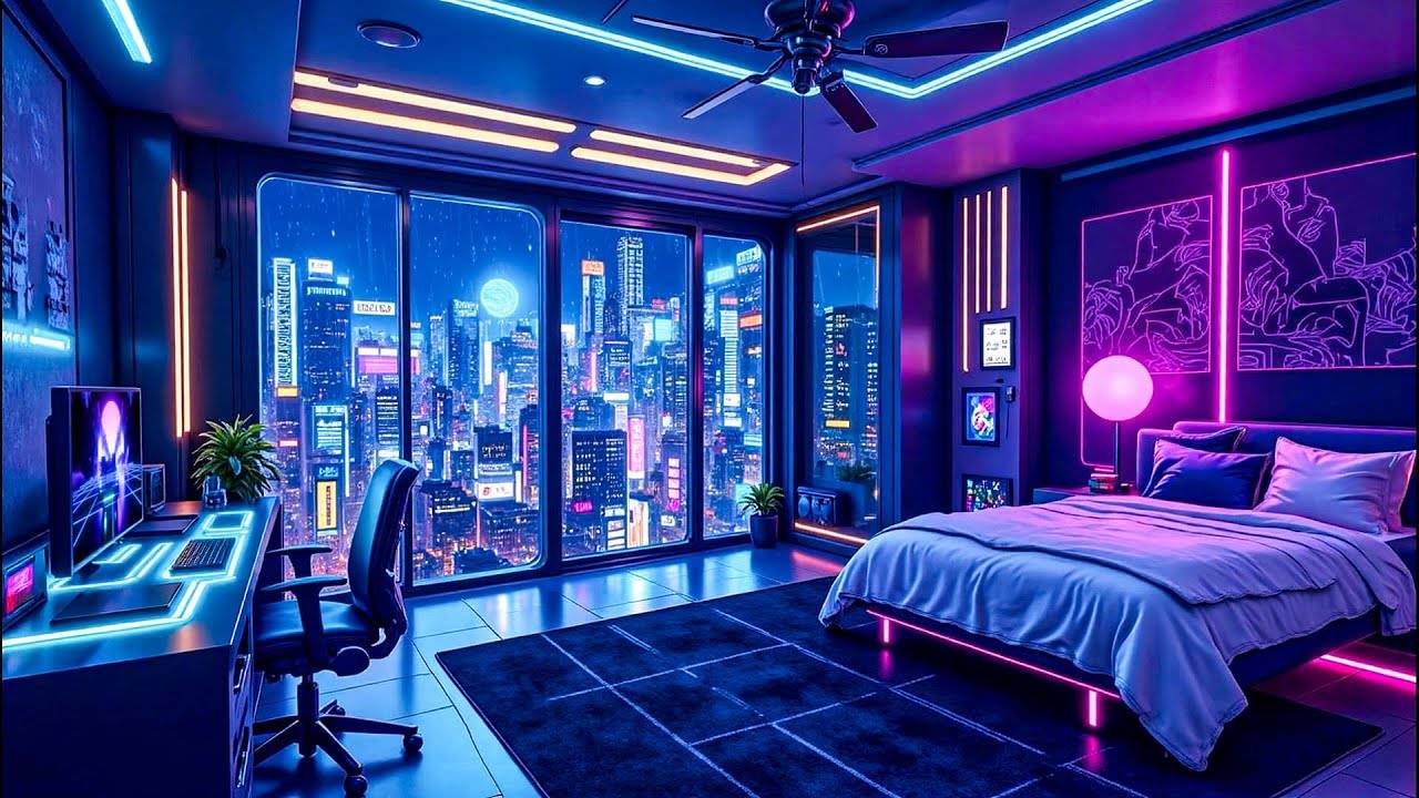 Lofi Hip Hop for Study & Sleep Bedroom Ambience with City Rain & LED Lights 🌧️ Lofi Rain Playlist смотреть онлайн