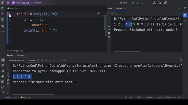Как работает break и continue с циклом for в Python: смотреть онлайн
