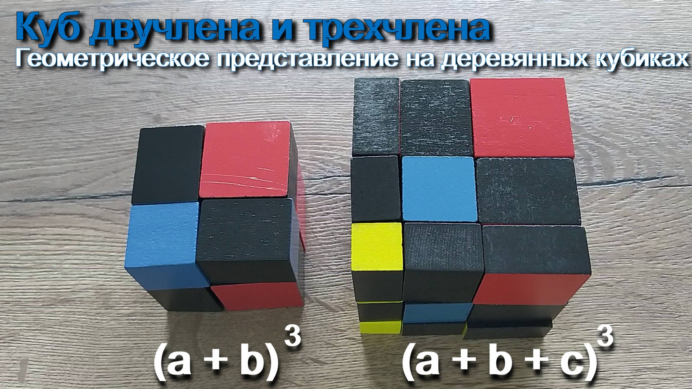 Куб двучлена (куб суммы) и куб трехчлена (используя деревянные модели кубов)