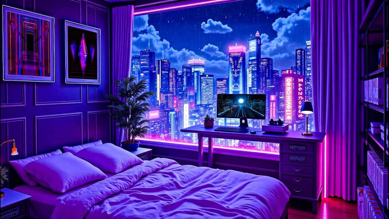 Cozy Bedroom Vibes Lofi Hip Hop Ambience with Neon Glow & Chill Beats 🌧️ Lofi Rain Playlist смотреть онлайн
