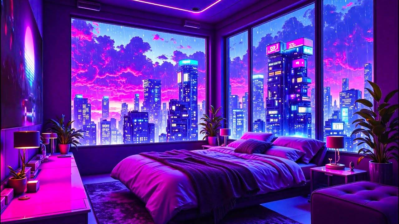 Study & Sleep with Lofi Hip Hop Rain Mix Neon Bedroom View Over Rainy City 🌧️ Lofi Rain Playlist смотреть онлайн