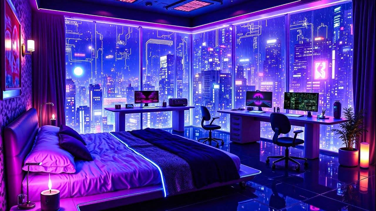 Study & Sleep Lofi Hip Hop Rain Mix Neon Bedroom Ambience in Cyber City Night 🌧️Lofi Rain Playlist смотреть онлайн