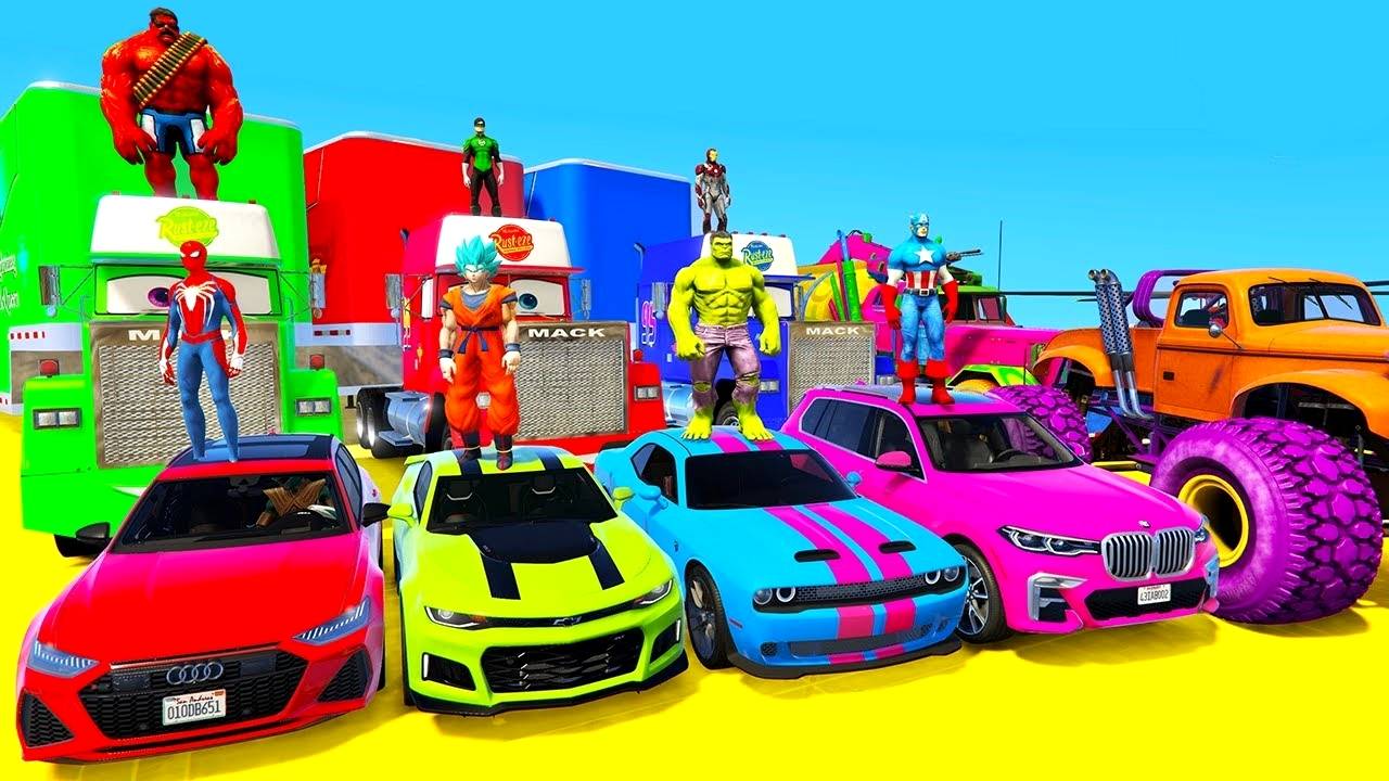 СПОРТИВНЫЕ МАШИНЫ И ТАНК ДЛЯ ЧЕЛОВЕКА-ПАУКА И СУПЕРГЕРОЕВ МУЛЬТИКИ ПРО МАШИНКИ ДЛЯ ДЕТЕЙ