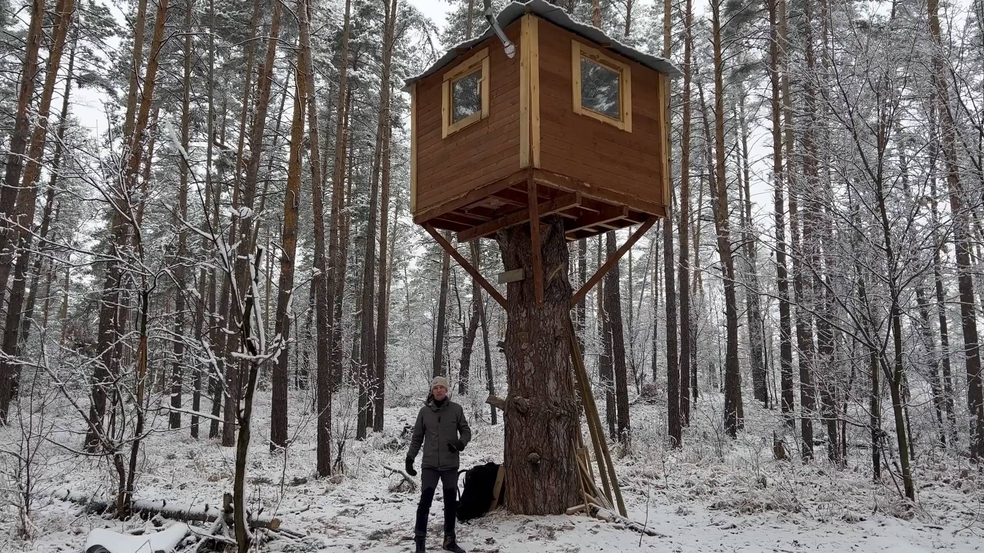 Нашел дом на дереве. Заночевал и спрятался от мороза. 24 часа в лесу смотреть онлайн