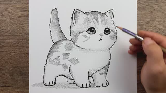 Как нарисовать милую кошку карандашом - Милый рисунок кошки - Легкие рисунки животных смотреть онлайн