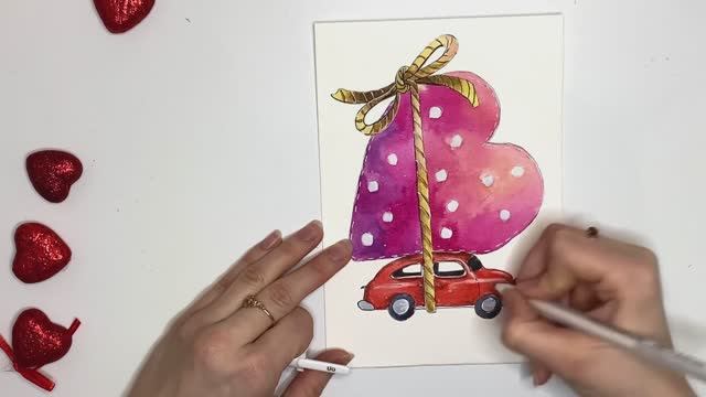 Открытка на 14 февраля #акварель #скетчинг смотреть онлайн