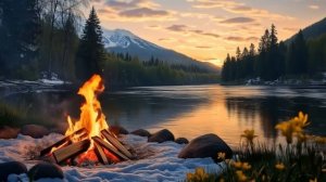 Костёр на берегу озера. Приятный звуки потрескивания дров. Фон для медитации и отдыха
