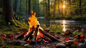12-часовая атмосфера у озера в 4K CAMPFIRE — тихие звуки природы и потрескивание огня