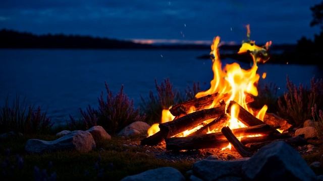 Ночной костер у озера: уютная атмосфера для сна и отдыха смотреть онлайн