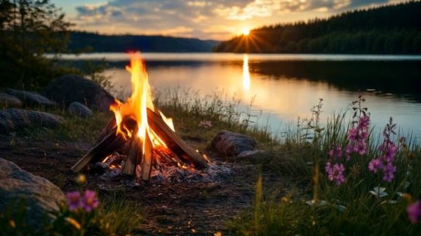 Спокойный костёр у озера. Звуки природы для отдыха и сна