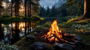 Расслабляющий костер в лесу – плеск воды и пение птиц для релаксации