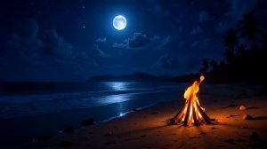 Уютный летний пляжный вечер, потрескивающий костер и океанские волны для сна и релаксации | ASMR