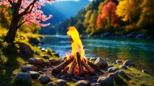 КОСТЁР НА БЕРЕГУ РЕКИ 4K. Звуки природы: потрескивание огня, шум воды и пение птиц