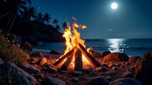 Костёр в полнолуние у скалистого берега океана. Приятный звуки для отдыха и сна.