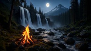 Ночной костер у водопада, потрескивание огня и воды, белый шум | Природа ASMR