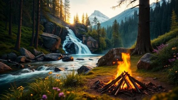 Костер у водопада, белый шум с потрескиванием огня и птицами для сна и глубокого расслабления