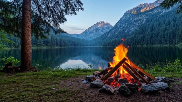 Костёр у спокойного горного озера. Приятные природные звуки для мечтательной и доброй атмосферы. смотреть онлайн