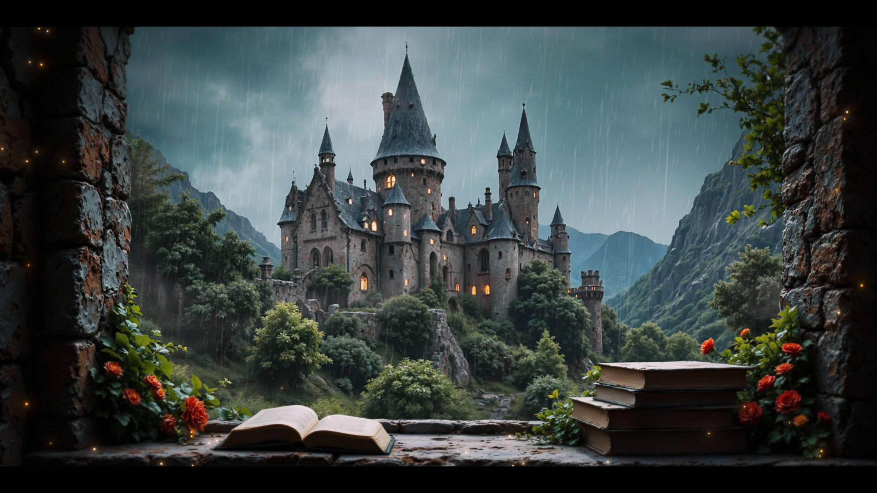 🌧️ МЕДИТАЦИЯ С ВИДОМ НА ЗАМОК ВО ВРЕМЯ ДОЖДЯ | Шум дождя + вид на школу магии и волшебства (1 час)