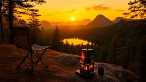 Вечерний кофе в горах. Закат с видом на озеро.