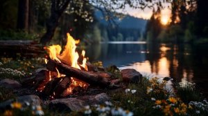 4K-звуки костра на берегу озера | Потрескивание огня и успокаивающие звуки природы для медитации