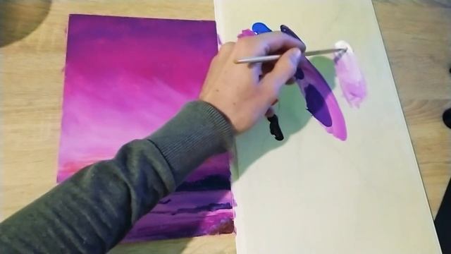 Яркий пурпурный закат акрилом|простой пейзаж акрилом для начинающих #art #живопись смотреть онлайн