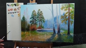 Весенний пейзаж!Ускоренное видео как рисовать березы