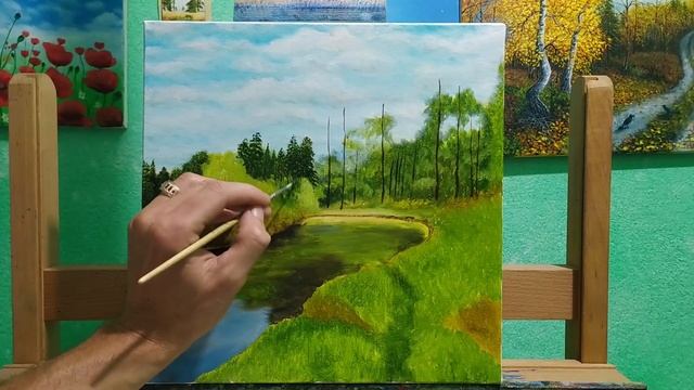 Картина маслом летний пейзаж"Возле реки"как рисовать реку|пишем отражение в воде|как рисовать дубы смотреть онлайн