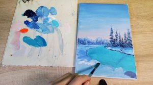 Зимний очень простой пейзаж акрилом за 30 минут|для самых начинающих #art #пейзаж #рисуем #рисовать