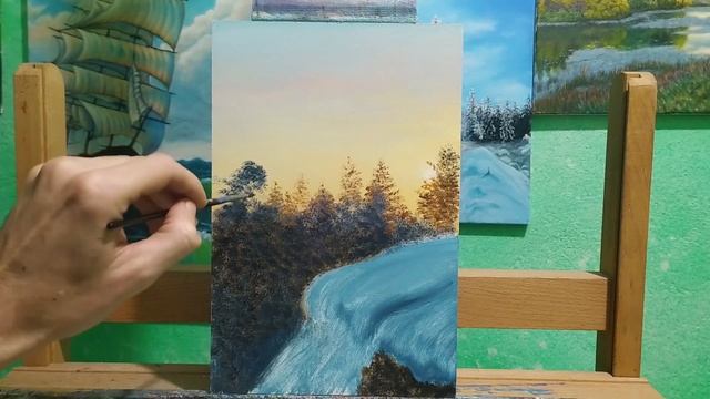 Как рисовать закат и хвойные деревья|как смешать цвет снега| Алла Прима art смотреть онлайн