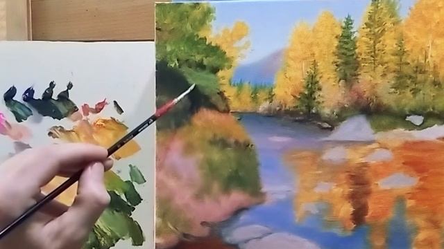 "Осенний пейзаж"как нарисовать прозрачную воду|как нарисовать камни под водой легко часть1#живопись смотреть онлайн