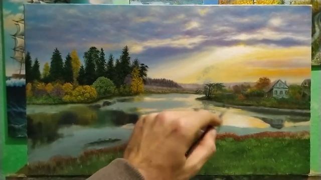 Как нарисовать закат и село у реки маслом для начинающих |часть 2 смотреть онлайн