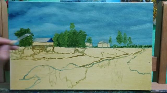 Как написать картину "Село у реки"маслом для начинающих|часть1| Пишем подмалевок|цветная имприматура смотреть онлайн
