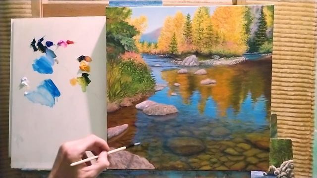 "Осенний пейзаж"как нарисовать прозрачную воду|как нарисовать камни под водой легко часть2#живопись смотреть онлайн