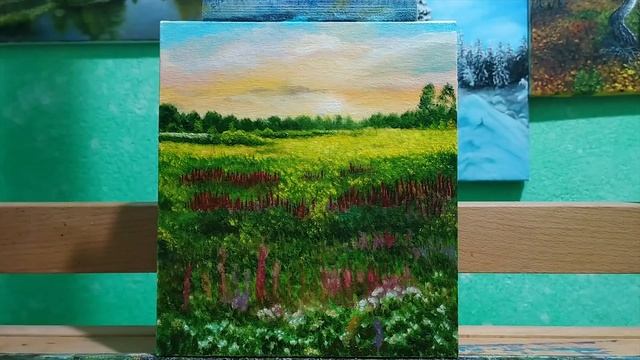 Как нарисовать луг и цветы маслом|как рисовать цветы и восход солнца|пишем картину маслом|Time Lapse смотреть онлайн