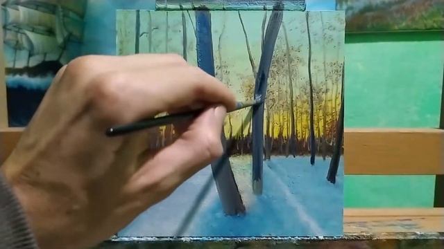 Зимний пейзаж маслом закат и лучи солнца миниатюра|небо с зеленым оттенком art смотреть онлайн