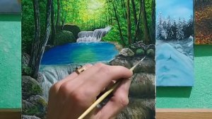 Водопад в лесу маслом часть 2 |как рисовать водопад|для начинающих|Waterfall in the forest with oil
