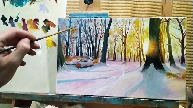 Как рисовать зимний пейзаж часть #2|пишем яркий закат зимой|бесплатные уроки живописи #живопись #арт смотреть онлайн