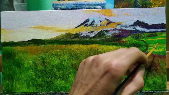 Как писать Весенний горный пейзаж на рассвете маслом,пишем горы цветы и красивый рассвет смотреть онлайн
