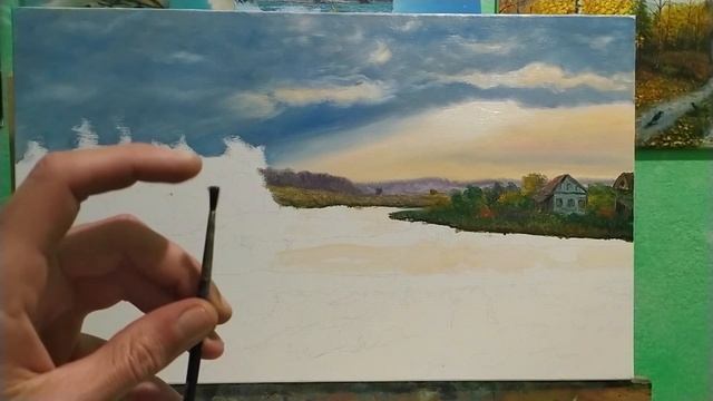 Как нарисовать закат и село у реки маслом для начинающих |часть 1 смотреть онлайн