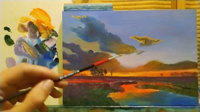 Простой пейзаж с закатом для начинающих|Как рисовать закат простая техника #art #урокирисования смотреть онлайн