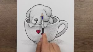 Как очень легко нарисовать милую собаку в чаше карандашом