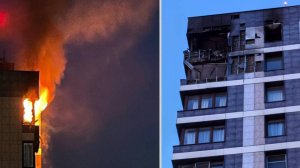 Пожар, начавшийся после попадания дрона в жилой дом в Красногорске